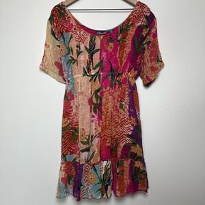 VTG Phool Women Mini Dress XL Floral Watercolor Multicolor Smocked Vacation